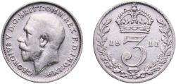 World Coins - Great Britain United Kingdom Kingdom 1911 3 Pence - George V (1st issue; incl. Maundy) Silver (.925) Royal Mint (Tower Hill) (5841000) 1.36g VF  KM 813 Sp 4015 Sp 4018 Schön 17