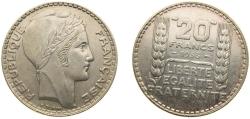 World Coins - France Third Republic 1933 20 Francs Silver (.680) (24447048) 20g AU F 400 F 400A Gad 852 KM 879