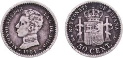 World Coins - Spain Kingdom 1904 *0-4 SMV  50 Centimos - Alfonso XIII (4th portrait) Silver (.835) Royal Mint of Spain (4851000) 2.44g VF  KM 723