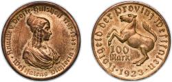 World Coins - Germany Prussian province of Westphalia Weimar Republic 1923 100 Mark - Westfalen (Annette v. Droste-Hülshoff) Tombac (94778) 6.34g UNC Funck 645.5 Men18 33512.12