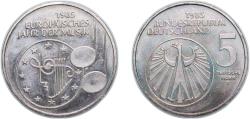 World Coins - Germany Federal Republic of Germany 1985 F 5 Deutsche Mark (European Year of Music) Copper-nickel clad nickel Stuttgart Mint (8000000) 10g UNC KM 162 J 437 Schön 161