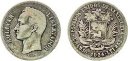 World Coins - Venezuela Republic 1924 2 Bolívares Silver (.835) (Copper .165) Philadelphia Mint (1250000) 9.83g VF  Y 23 NCV mv2bs-aa