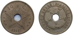 World Coins - Democratic Republic of the Congo Belgian colony 1911 10 Centimes - Albert I Copper-nickel Brussels mint (5000000) 4g XF KM18 LABCM-7 LABCM-8