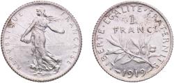 World Coins - France Third Republic 1919 1 Franc Silver (.835) Castelsarrasin Mint (46111525) 5.02g UNC  Franc 2014 217 Gad 1789 467 KM 844 Schön 187