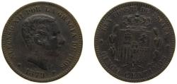 World Coins - Spain Kingdom 1879 OM 5 Centimos - Alfonso XII Bronze (95% copper, 4% tin, 1% zinc) Barcelona Mint (54994000) 5g XF KM 674