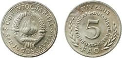 World Coins - Yugoslavia 1970 5 Dinara (FAO) Nickel brass (70% Cu, 18% Zn, 12% Ni) Belgrade Mint (500000) 6.71g UNC  KM 56 Schön 52