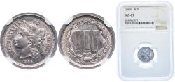 Us Coins - United States Federal republic 1865 3 Cents "Three Cent Nickel" Copper-nickel (.750 copper, .250 nickel) (11382000) 1.94g NGC MS 63 KM 95