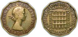World Coins - Great Britain United Kingdom 1959 3 Pence - Elizabeth II (1st portrait; without 'BRITT:OMN') Nickel brass (79% Cu, 20% Zn, 1% Ni) Royal Mint (Tower Hill) (28499200) 6.8g XF KM 900