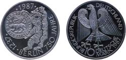 World Coins - Germany Federal Republic 1987 J 10 Deutsche Mark (750 Years Berlin) Silver (.625) Hamburg Mint (350000) 15.5g PF  KM 166 J 441 Schön 165