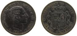 World Coins - Spain Kingdom 1877 OM 5 Centimos - Alfonso XII Bronze (95% copper, 4% tin, 1% zinc) Barcelona Mint (34376000) 5g XF KM 674