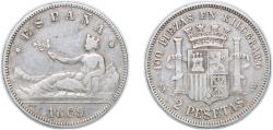 World Coins - Spain Provisional Government 1869 *18-69 SNM 2 Pesetas - Provisional Government Silver (.835) (3269853) 9.86g VF KM 654