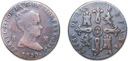 World Coins - Spain Kingdom 1850 JA 8 Maravedis - Isabel II (Constitutional) Copper Jubia Mint 9.49g VF KM 531 Cal 467