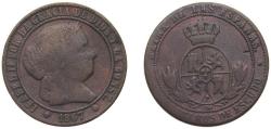 World Coins - Spain Kingdom 1867 OM 2½ Centimos de Escudo - Isabel II Bronze Barcelona Mint 6.25g VF KM 634.1