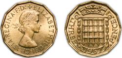 World Coins - Great Britain Kingdom 1967 3 Pence - Elizabeth II (1st portrait; without 'BRITT:OMN') Nickel brass (79% Cu, 20% Zn, 1% Ni) Royal Mint (Tower Hill) (151780800) 6.74g UNC KM 900 Sp