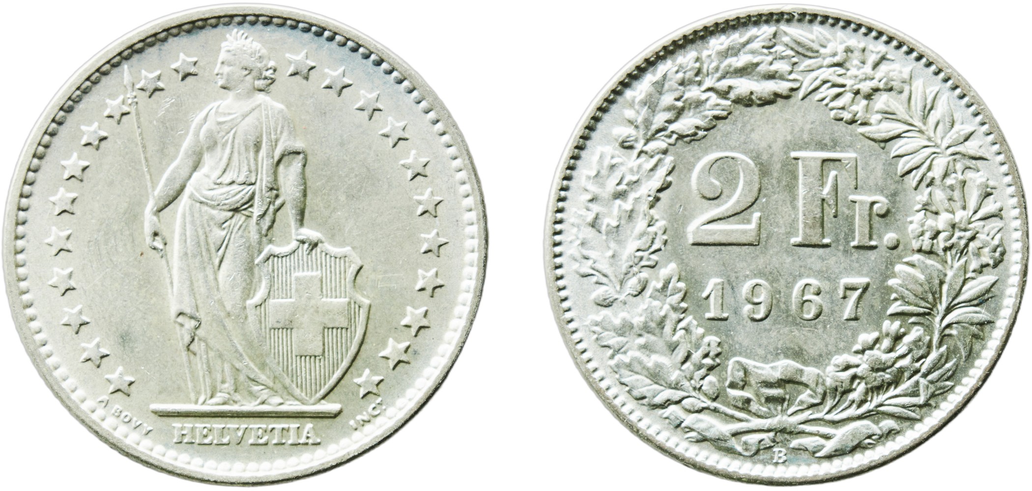 Switzerland Federal State 1967 B 2 Francs (Helvetia standing