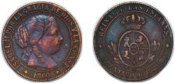 World Coins - Spain Kingdom 1866 OM 1 Centimo de Escudo - Isabel II Bronze Jubia Mint 1.54g VF KM 633 Cal 651