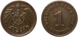 World Coins - Germany Second Empire 1900 A 1 Pfennig - Wilhelm II (type 2 - small shield) Copper (Cu 950, Sn 40, Zn 10) Berlin Mint (51804462) 1.97g XF  KM 10 AKS 21 J 10 Schön 10 Neum 35