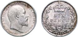 World Coins - Great Britain Kingdom 1910 6 Pence - Edward VII Silver (.925) (12490700) 2.9g UNC KM 799 Sp 3983