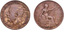 World Coins - Great Britain United Kingdom Kingdom 1921 1 Penny - George V Bronze Royal Mint (Tower Hill) (129717600) 8.98g VF  KM 810 Sp 4051-3