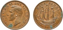 World Coins - Great Britain United Kingdom Bank of England 1945 ½ Penny - George VI (with 'IND:IMP') Bronze Royal Mint (Tower Hill) (57000000) 5.76g XF  KM 844 Sp 4115