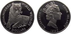 World Coins - Cook Islands Dependency of New Zealand Elizabeth II 1990 PM 5 Dollars Endangered World Wildlife, Tiger 28.5g