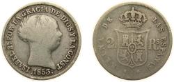 World Coins - Spain Kingdom 1853 2 Reales - Isabel II Silver (.900) Seville Mint 2.5g VF KM 599.3