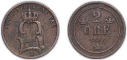 World Coins - Sweden Kingdom 1898 2 Öre - Oscar II (large letters) Bronze (1527100) 3.9g XF KM 746 Schön 2