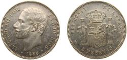 World Coins - Spain Kingdom 1885 *18-87 MSM 5 Pesetas - Alfonso XII (3rd portrait) Silver (.900) Madrid Mint 25g AU Cleaned KM 688