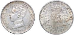 World Coins - Spain Kingdom 1905 *19-05 SMV 2 Pesetas - Alfonso XIII (4th portrait) Silver (.835) Madrid Mint (3589000) 9.91g UNC KM 725 Cal 34