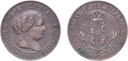 World Coins - Spain Kingdom 1866 OM 5 Centimos de Escudo - Isabel II Bronze Segovia Mint 12.07g XF KM 635.1