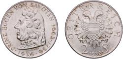 World Coins - Austria Federal State 1936 2 Schilling (Prince Eugen of Savoy) Original luster Silver (.640) Münze Österreich (500000) 12.05g UNC  KM 2858 Schön 61