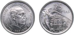 World Coins - Spain Nationalist Government 1957 *75 25 Pesetas - Francisco Franco Copper-nickel (10270000) 8.56g UNC KM 787 Cal 30 Schön 35