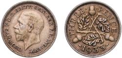 World Coins - Great Britain United Kingdom Kingdom 1933 3 Pence - George V (4th issue) Silver (.500) Royal Mint (Tower Hill) (5578500) 1.41g XF  KM 831 Sp 4042