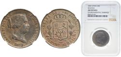 World Coins - Spain Kingdom 1859 25 Centimos de Real - Isabel II Copper Segovia Mint 10g NGC AU KM 615.2 Cal 594