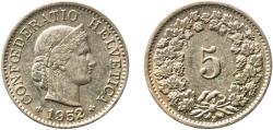 World Coins - Switzerland Federal State 1952 B 5 Rappen (Libertas; copper-nickel) Copper-nickel (75% copper, 25% nickel, non-magnetic) Bern Mint (4690000) 2g AU  HMZ 2 1212 Divo/Tob19 319 KM 26