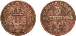 World Coins - Germany Kingdom of Prussia German states 1861 A 3 Pfenninge - William I Copper Berlin Mint 4.16g VF  AKS 106 Old/Mue 2 424, 427, 431 KM 482 Neum 17 Schr 162-188
