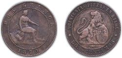 World Coins - Spain Provisional Government 1870 OM 2 Centimos - Provisional Government Bronze (95% copper, 4% tin, 1% zinc) Casa de la Moneda de Barcelona, La Seca (115869000) 1.87g VF KM 661 C
