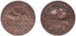 World Coins - Germany Duchy of Nassau German states 1859 1 Kreuzer - Adolphe Copper (835500) 4.3g VF Damage AKS 72 Jaeg 7 NW 58 KM 74 C 54