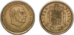 World Coins - Spain Nationalist Government 1966 *19-71 1 Peseta - Francisco Franco (Ávalos) Aluminium bronze (92.5% copper, 7.5% aluminium) Madrid Mint (115270000) 3.55g XF Mint Error Struck 5%