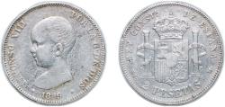 World Coins - Spain Kingdom 1889 MPM 2 Pesetas - Alfonso XIII (1st portrait) Silver (.835) (559000) 9.92g VF KM 692 Cal 29