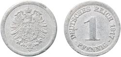 World Coins - Germany Second Empire 1917 A 1 Pfennig - Wilhelm II (type 1 - large shield) Aluminium (Al 990, Cu 10) Berlin Mint (27159076) 0.78g XF  KM 24 AKS 22 J 300 Schön 19 Neum 36
