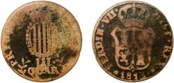 World Coins - Spain Principality of Catalonia Kingdom 1813 3 Quartos (III QUAR) Copper Traveling mint of Catalonia 6.66g F  Cal 1520 KM 115