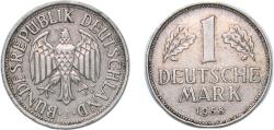 World Coins - Germany Federal Republic of Germany 1958 J 1 Deutsche Mark Copper-nickel (75% Copper, 25% Nickel) Hamburg Mint (4656000) 5.5g XF KM 110 J 385 Schön 108
