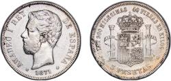 World Coins - Spain Kingdom 1871 *18-75 DEM 5 Pesetas - Amadeo I Silver (.900) Madrid Mint (3000412) 25g VF Cleaned KM 666 Cal 5