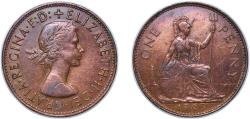 World Coins - Great Britain United Kingdom 1963 1 Penny - Elizabeth II (1st portrait; without 'BRITT:OMN') Bronze (119733600) 9.4g AU KM 897 Sp 4157