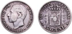 World Coins - Spain Kingdom 1880 MSM 50 Centimos - Alfonso XII Silver (.835) Royal Mint of Spain (2787000) 2.46g VF  KM 685 Cal 63