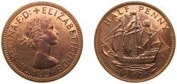World Coins - Great Britain United Kingdom 1970 ½ Penny - Elizabeth II (1st portrait; without 'BRITT:OMN') Bronze Royal Mint (Tower Hill) (750400) 5.67g PF KM 896 Sp 4158