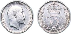World Coins - Great Britain Kingdom 1908 3 Pence - Edward VII (incl. Maundy) Silver (.925) (8176000) 1.4g UNC KM 797 Sp 3984 Sp 3987