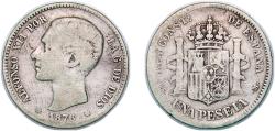 World Coins - Spain Kingdom 1876 DEM 1 Peseta - Alfonso XII (1st portrait) Silver (.835) Madrid Mint 4.78g VF KM 672 Cal 54