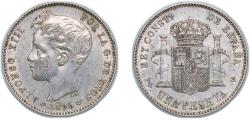 World Coins - Spain Kingdom 1896 *18-96 PGV 1 Peseta - Alfonso XIII (3rd portrait) Silver (.835) Madrid Mint (6412000) 4.89g AU KM 706 Cal 41